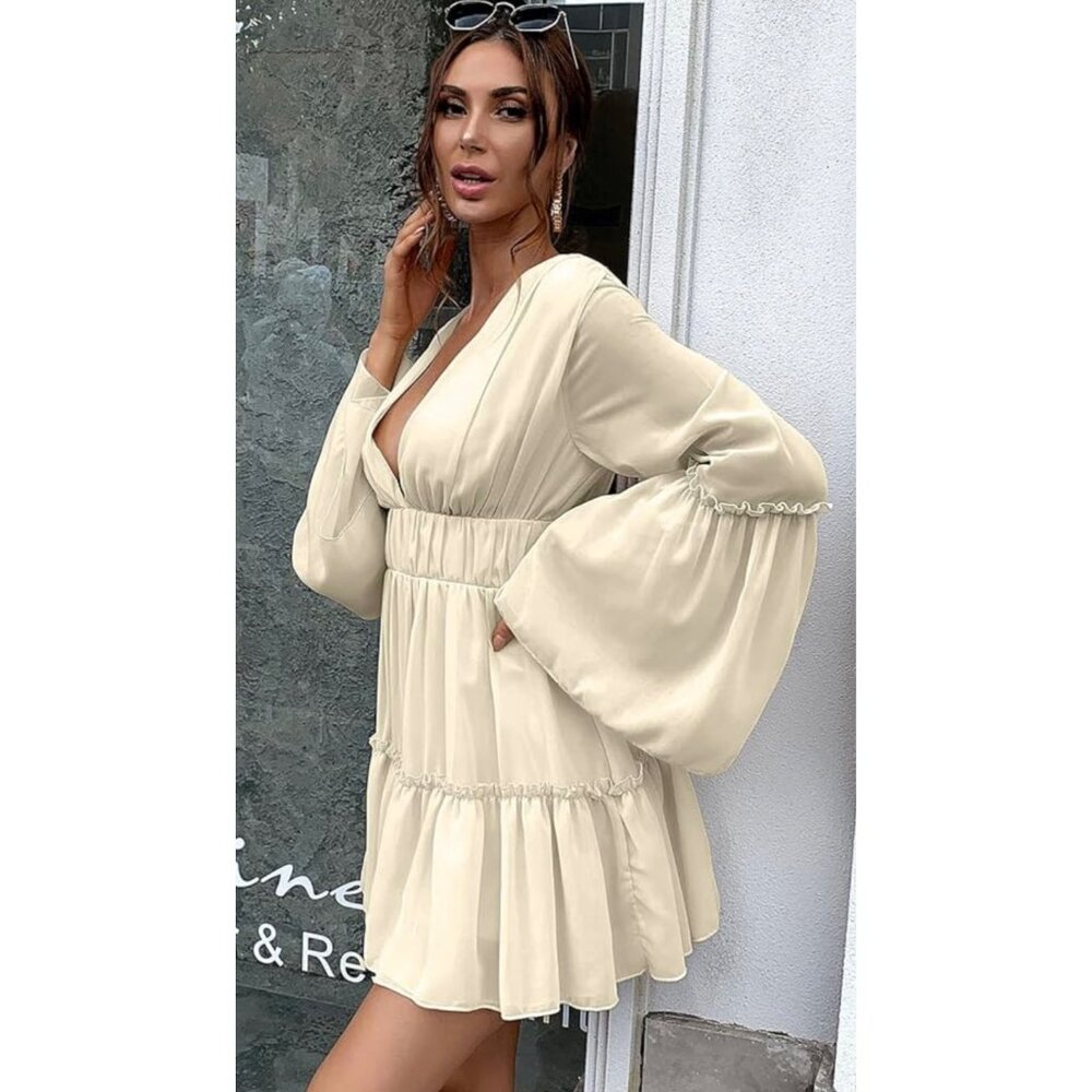 Missord Cream Long Sleeve V-Neck Mini Dress With Ruffle Hem size medium - Picture 2 of 6